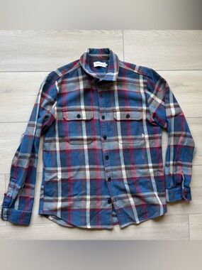 Thinking Mu Blue Plaid Button-Up Shirt with Red and Cream Accents, Men’s Large